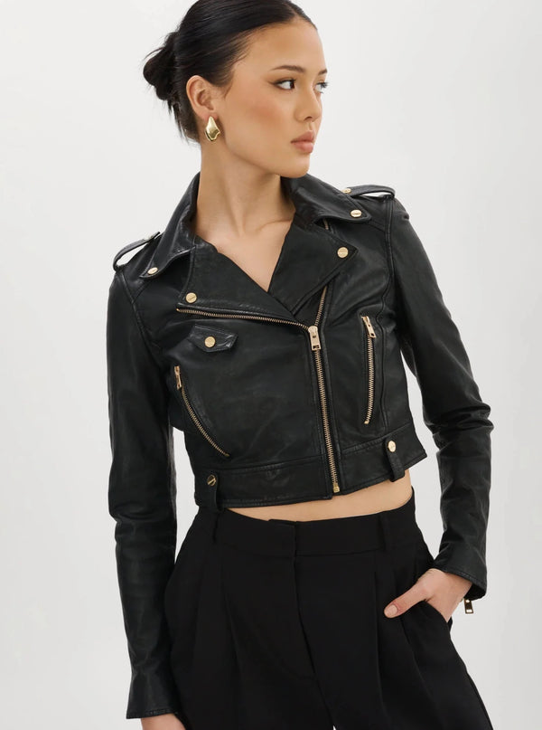 CIARA LEATHER JACKET IN BLACK & GOLD