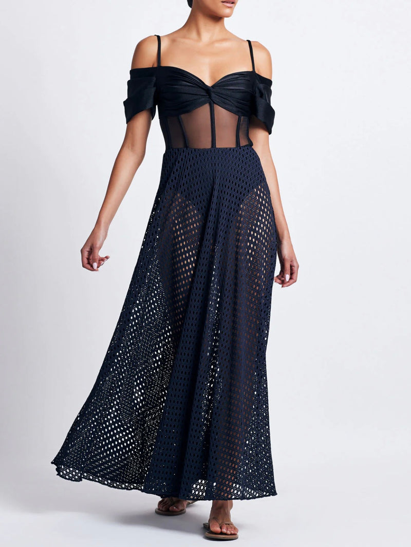 CORSET NETTED MAXI DRESS IN BLACK