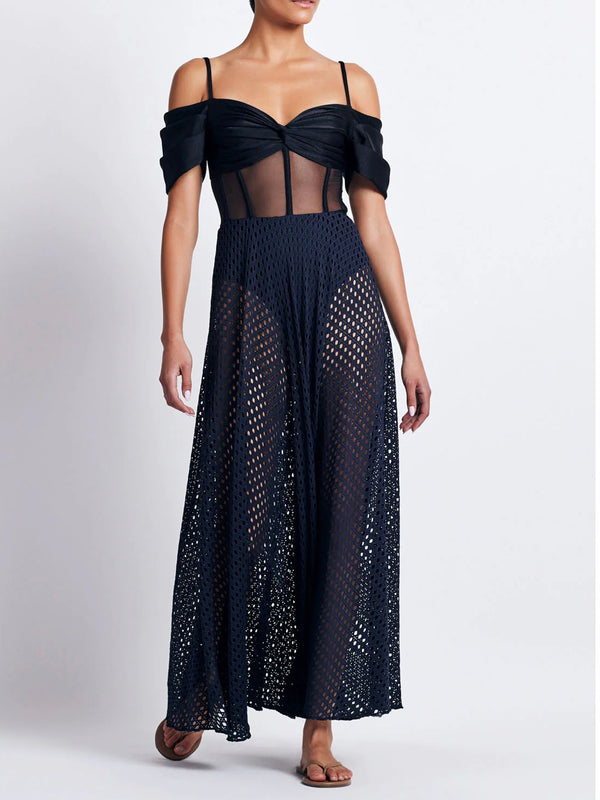 CORSET NETTED MAXI DRESS IN BLACK
