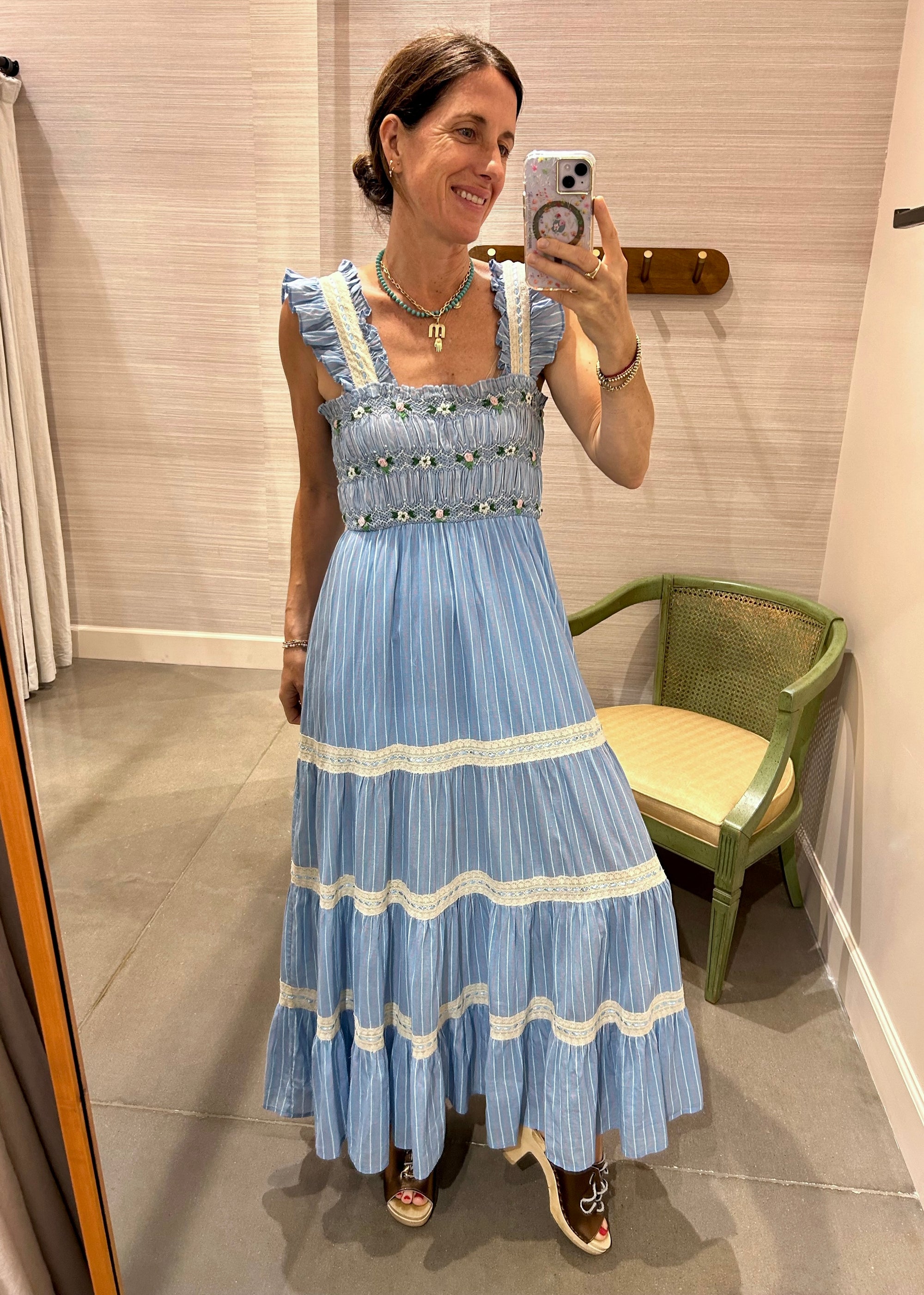rixo denim dress Kristen Tiered Embroidered Denim Maxi Dress In Mid Denim
