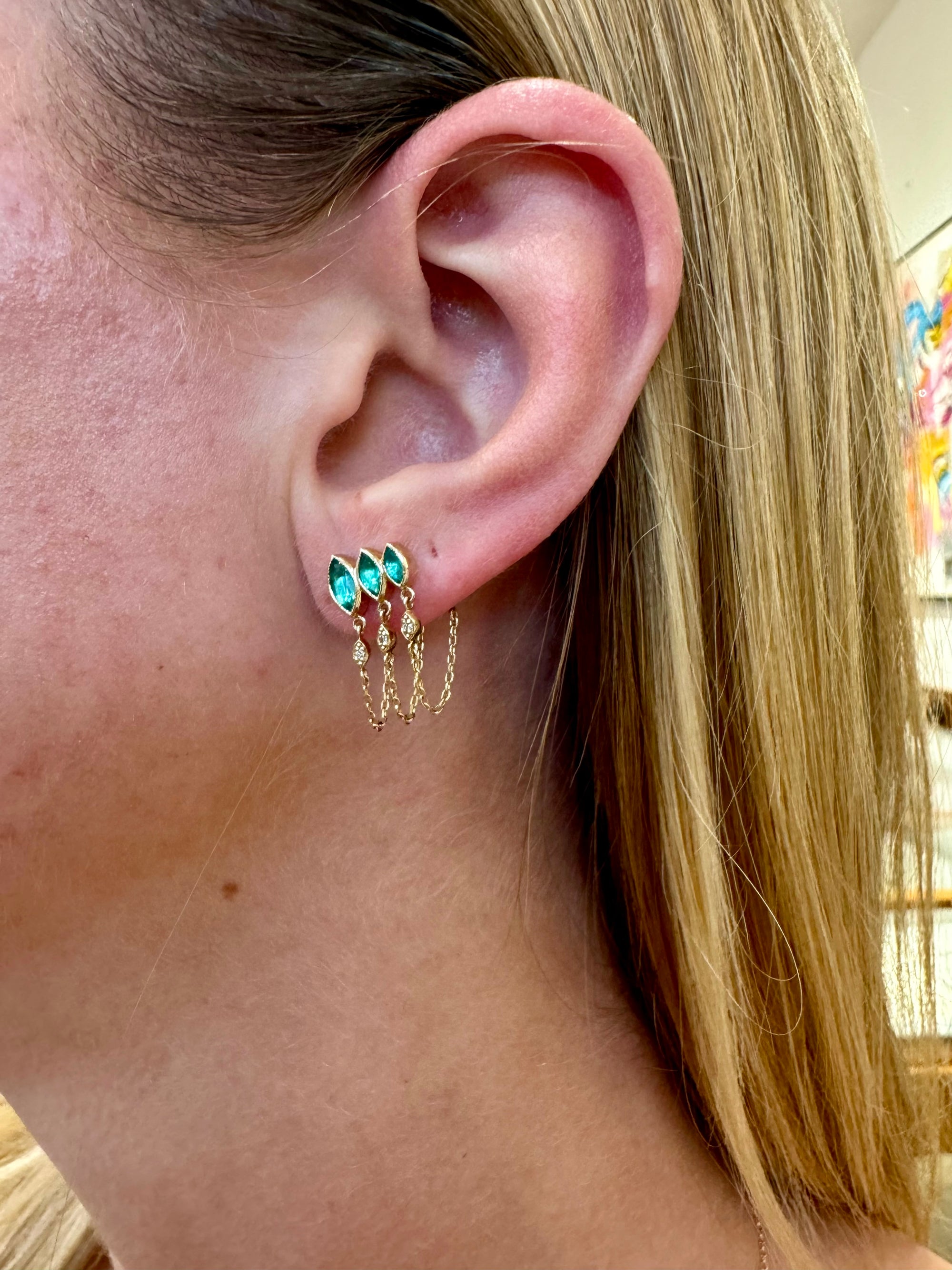 TRIPLE MARQUISE EMERALD + DIAMOND CHAIN EARRINGS