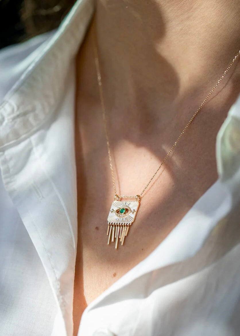 EMERALD + DIAMOND FRINGED PLATE NECKLACE