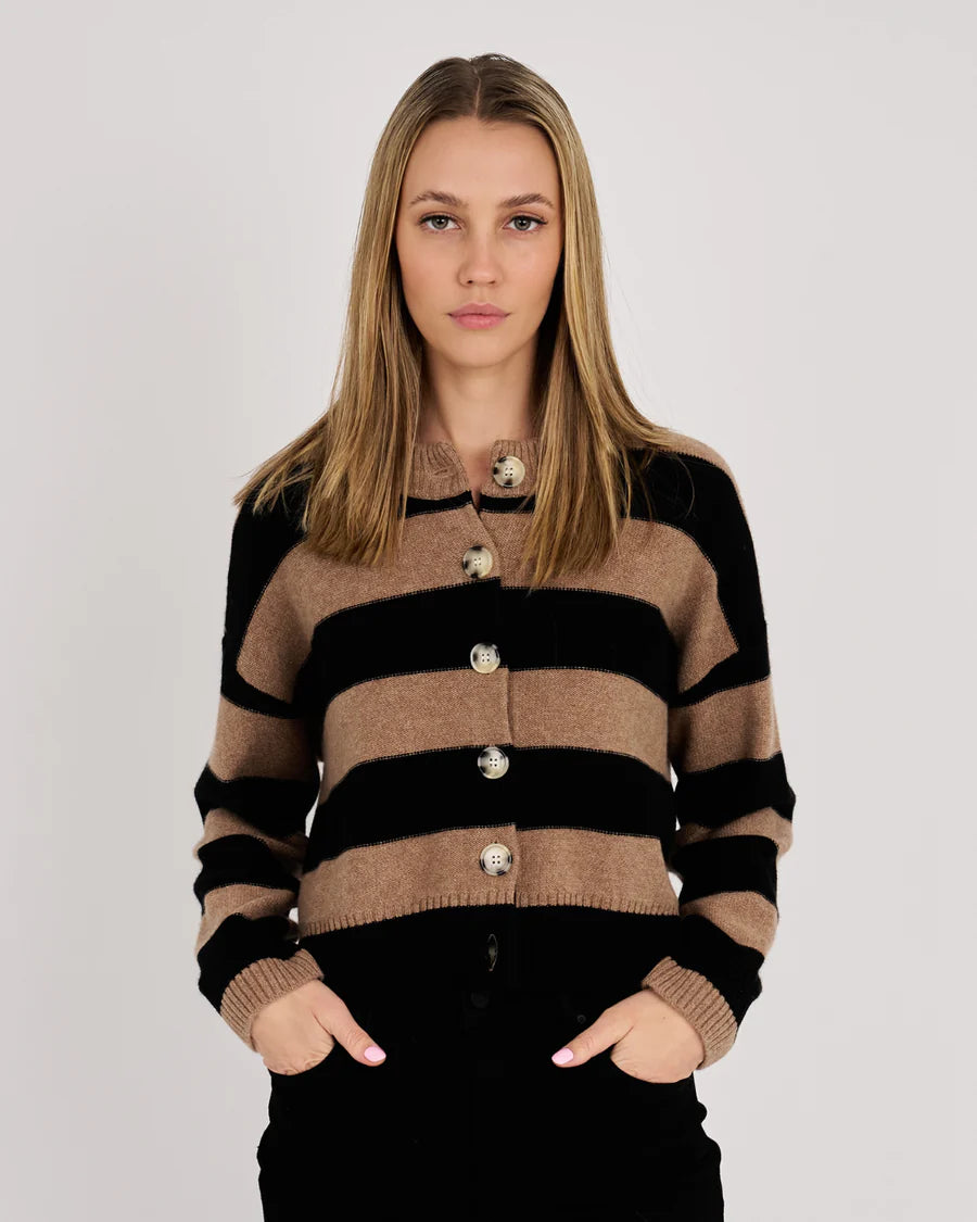 NINA CASHMERE CARDIGAN IN CAMEL/BLACK STRIPE