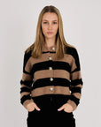 NINA CASHMERE CARDIGAN IN CAMEL/BLACK STRIPE