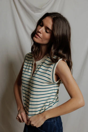 SLOANE MUSCLE TANK IN TEAL BLUE/NAVY STRIPE