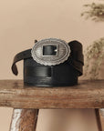 TOOLED WAIST BELT IN BLACK WITH SILVER